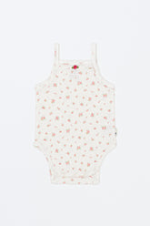 Avauma Summer Picot Sleeveless Bodysuit Rosebell product shot. Lay-flat of white baby romper with delicate pink floral pattern on white background.